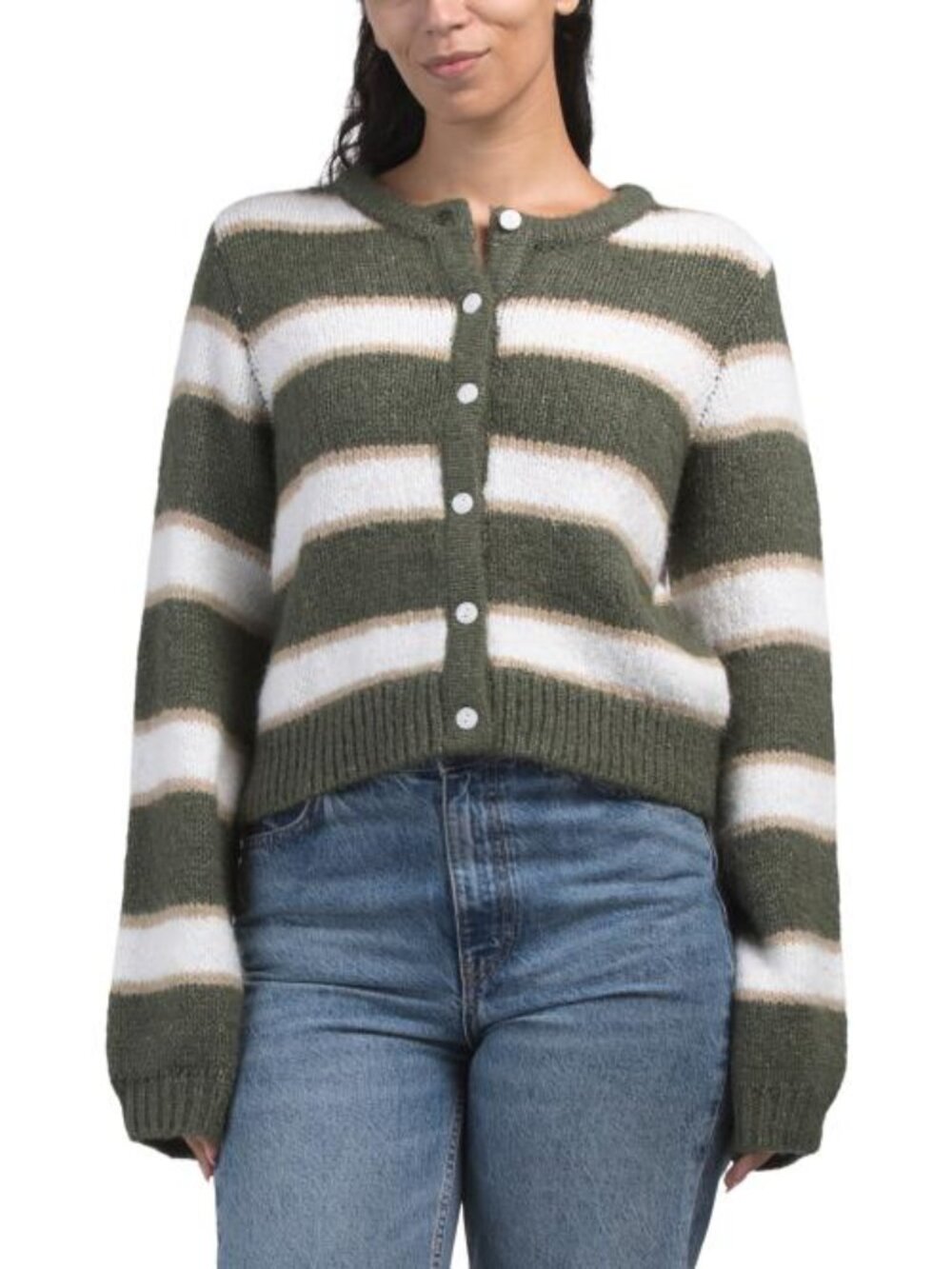 SINCERELY JULES Striped Crew Neck Button Up Cardigan